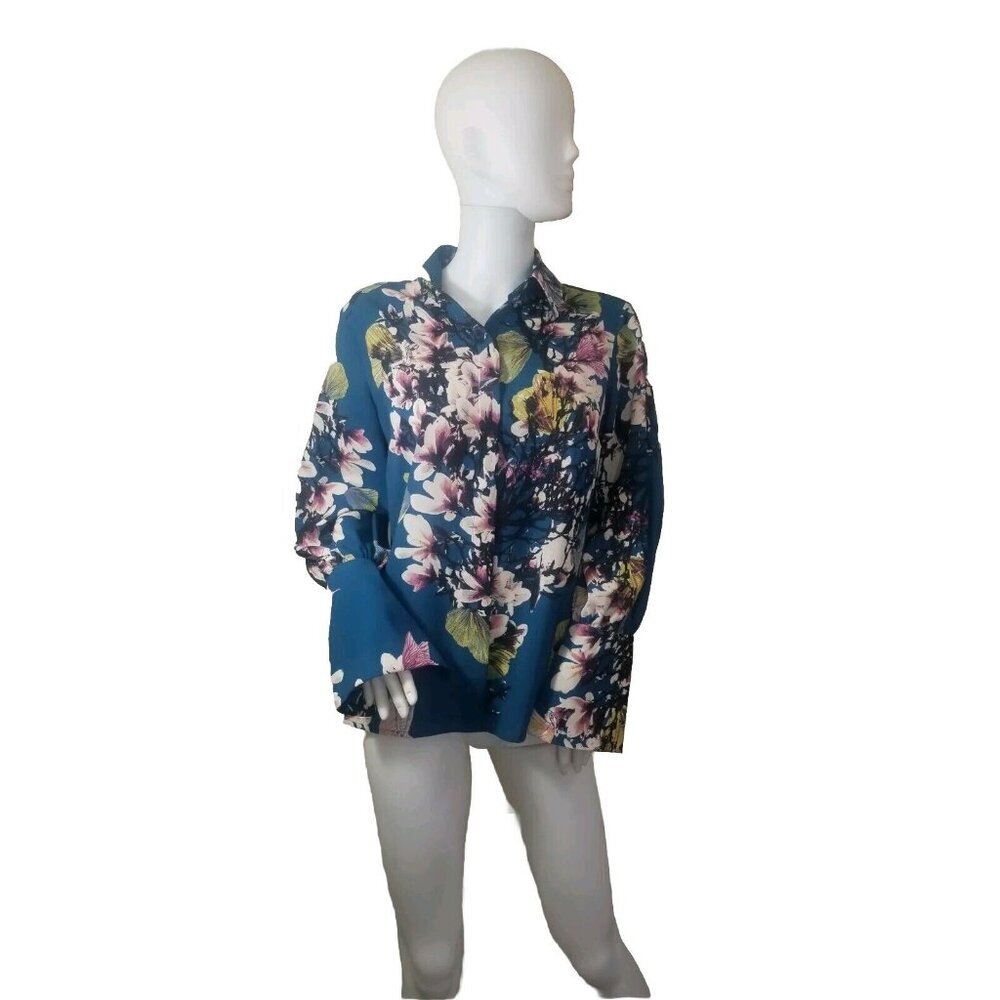Natori Women's Top Blouse Size S Blu Floral Button Up Polyester 30